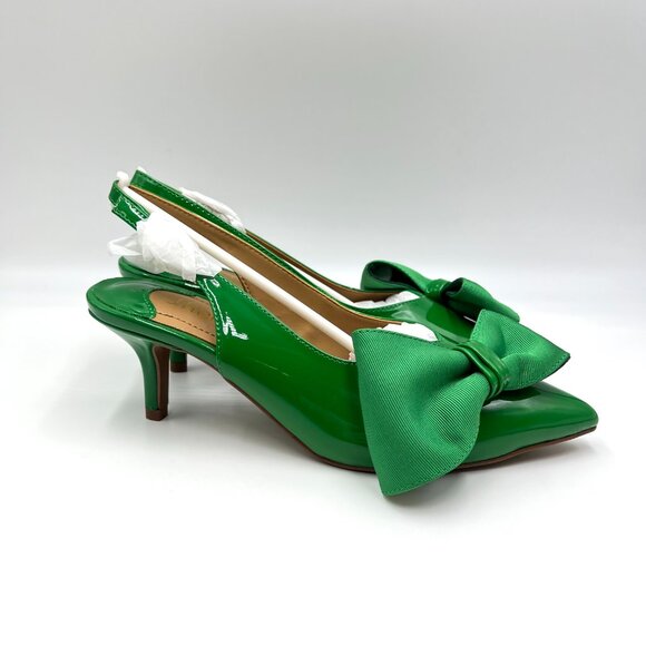 J. Renee Womens Patent Green Pointed Toe Kitten Heels Bow Pumps Shoes - Picture 1 of 14